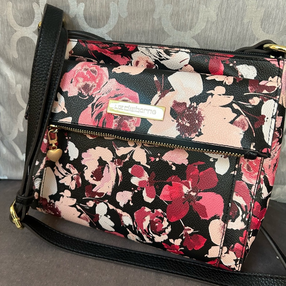 Liz Claiborne Black and Pink Floral Crossbody Bag